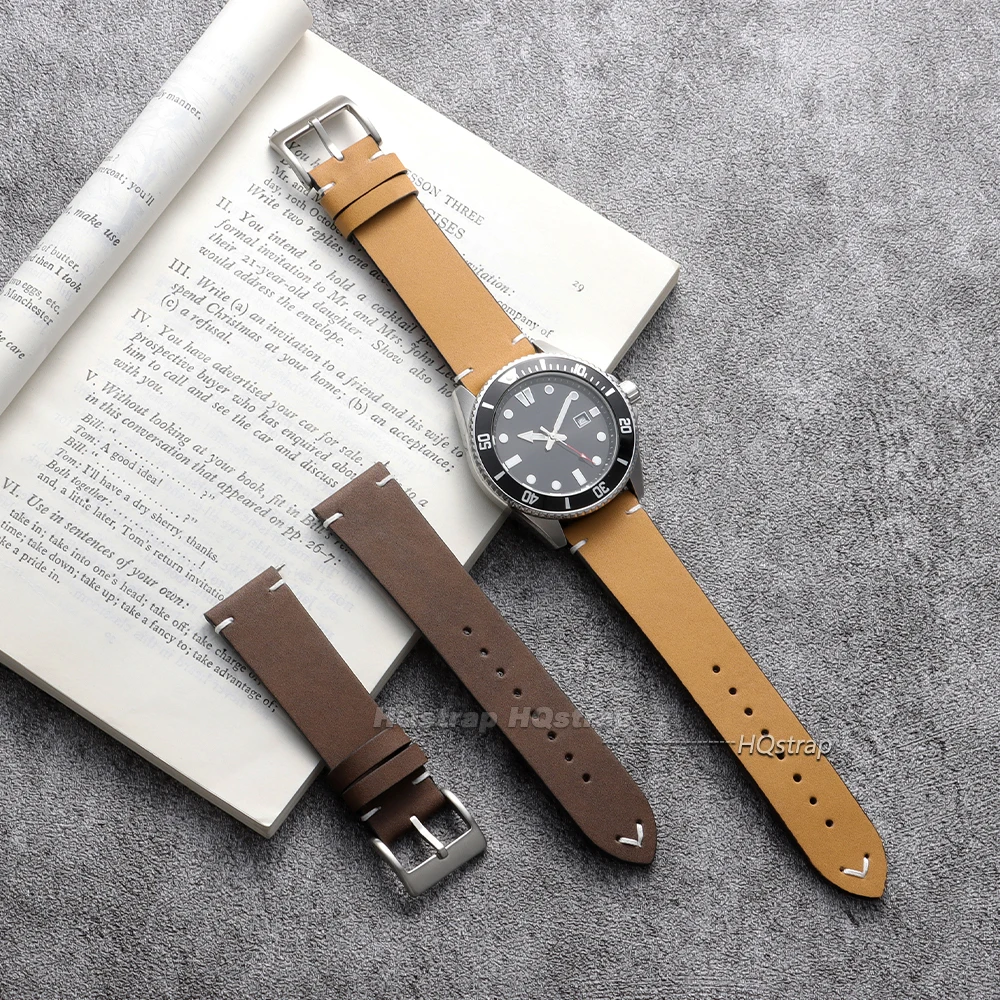 Vintage Leather Quick Release Watch Band - Handmade Cowhide Strap with Elegant Stitching