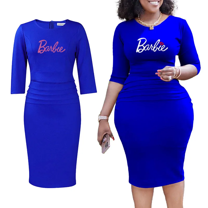 

European American Large Size Long-Sleeved Dress for Women's Office Commuting Temperament Round Neck Waist Slimming Pencil Skirt