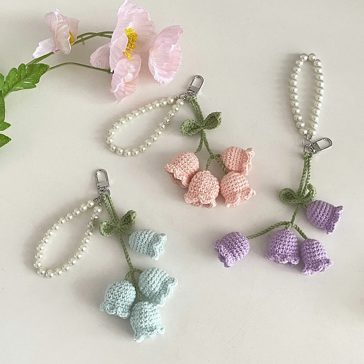 Cute Girl Pearl Keychain Korean Style Creative Chain Woolen Crochet Orchid Flower Keychain Bag Decorative Buckle