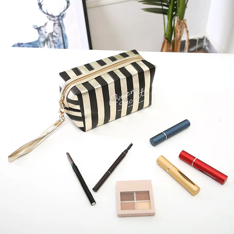 Stripe Makeup Comestic Case Clutch Pouch PU Laser Octagonal Storage Bag Women Handbag Portable Toiletry Travel Organizer