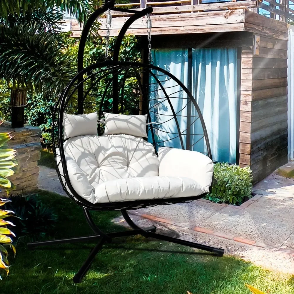 Hanging Egg Chair With Stand Indoor Swinging Chair Outdoor Hammock Egg For Patio, Bedroom,Garden And Balcony (White,Large)