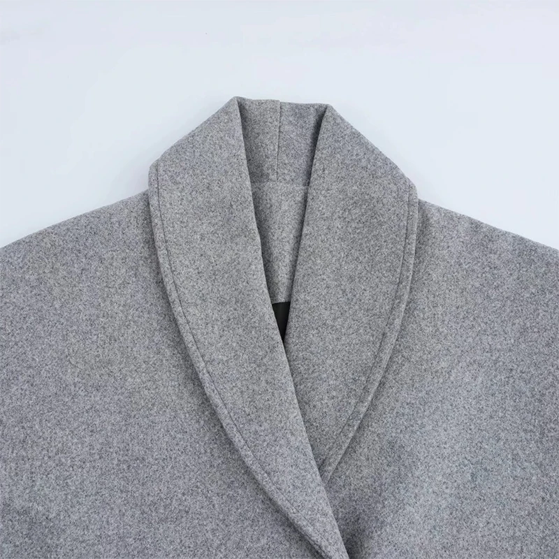 Retro Loose Woolen Blend Coat Women Lapel Double-Breasted Long Sleeve Pocket Thick Gray Jacket 2025 Autumn Spring Streetwear