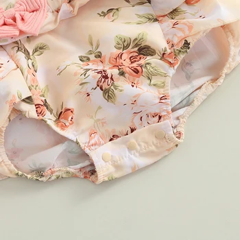 Infant Baby Girls Spring Summer Clothing Floral Print Ribbed Romper Ruffle Fly Sleeve Jumpsuit Headband Outfits 5