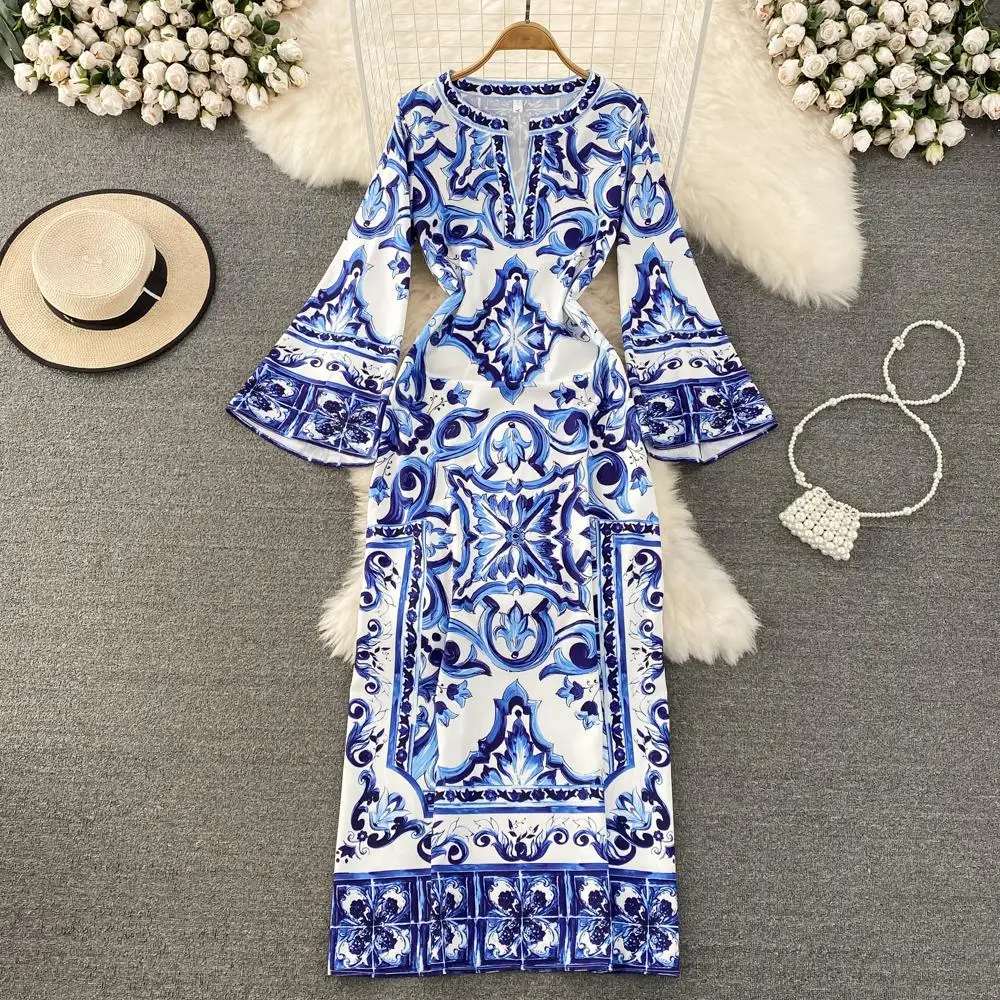 

Summer Runway Blue And White Porcelain Loose Long Dress Women O-Neck Flare Sleeve Floral Print Bohemian Side Split Maxi Vestidos