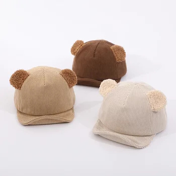 아기를 위한 만화 단색 야구 모자 귀여운 곰 귀 뾰족한 모자, 유아 소년 소녀 부드러운 코듀로이 유아 태양 모자