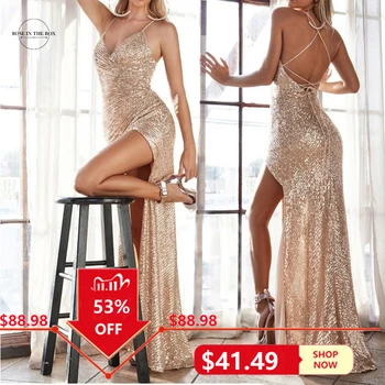 2022 Sexy Backless Sparkly Champagne Sequined Evening Gown