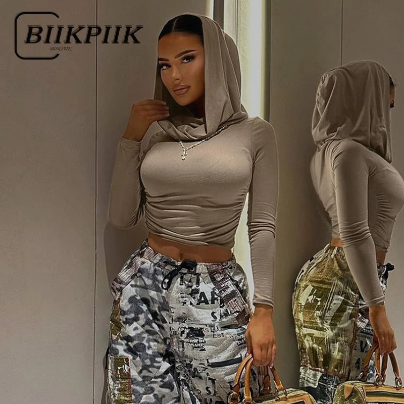 

BIIKPIIK Solid Concise Crop Top Full Sleeve Casual Hooded Women T-shirts Skinny Autumn Fashion New Aesthetic Basic Hot Clothing