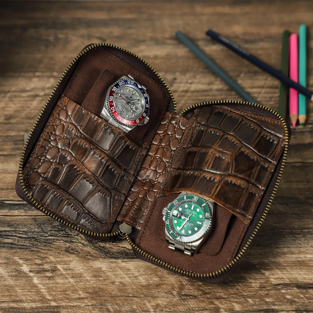 

CONTACTS FAMILY Crocodile Pattern Crazy Horse leather Watch Storage Case Box 2 Slots Portable Travel Watch Pouch Bag Men Gift