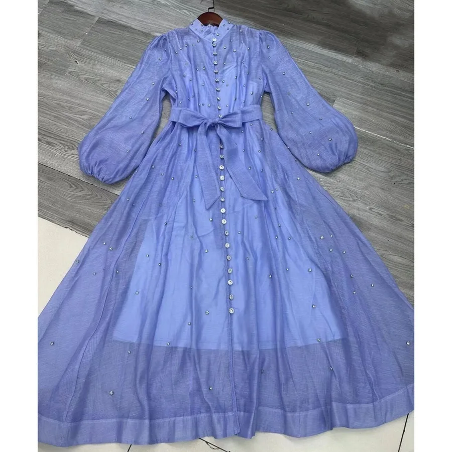 Elegant Long Dress British Style Fashion Beading Single Breasted Design Gentle Temperament Dresses Women 2025 Spring Autumn