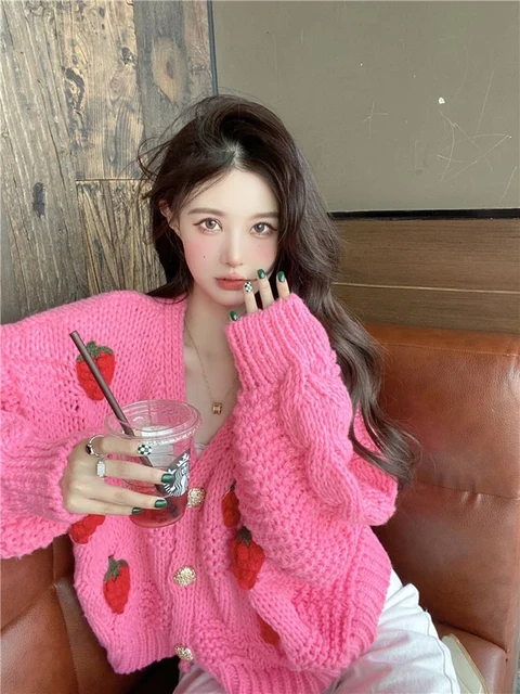 Zoki 3D Strawberry Sweet Cardigan Women Loose Long Sleeve