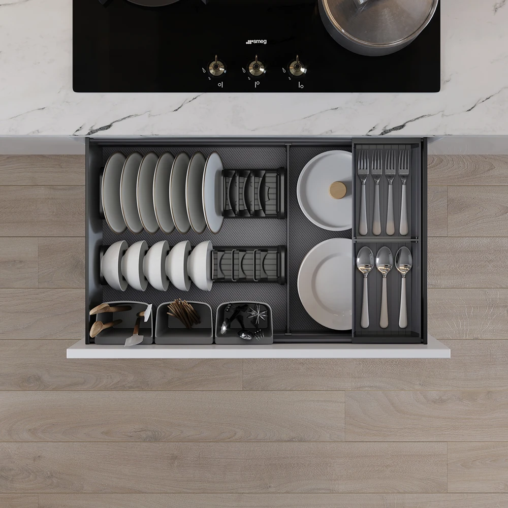 Goldmine Aluminum Slide Out Cabinet Organizers Deep Tableware Pullout Storage Basket High End Dishes Cabinet Pull Out Drawers
