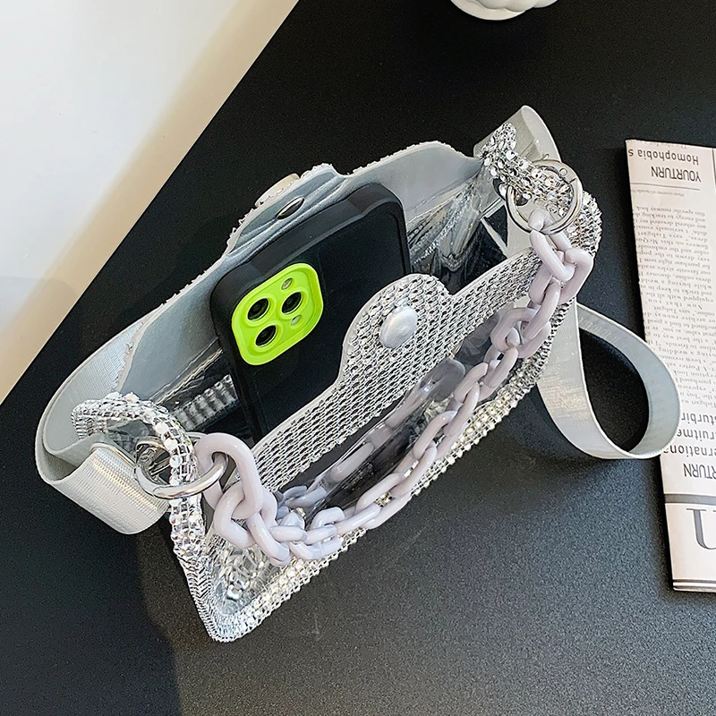 PVC Transparent Shoulder Crossbody Bag Rhinestone Thick Chain Ladies Small Purse and Handbags Fashion Jelly Summer Beach Totes