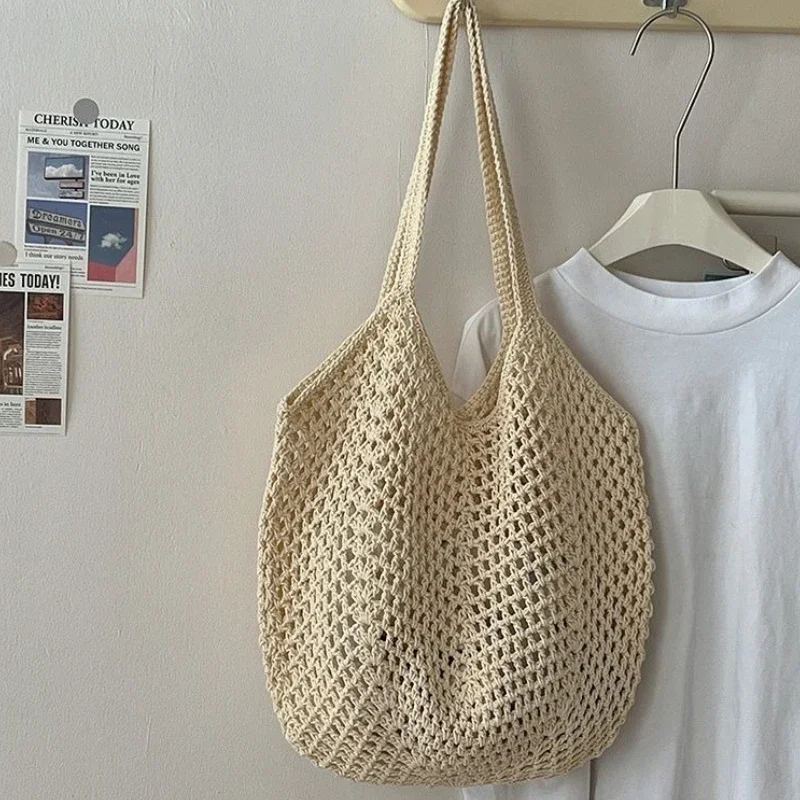 Leisure Large Capacity Cotton Woven Bag Women's Shoulder Bags Casual Straw Wicker Woven Ladies Handmade Beach Tote Messenger Bag