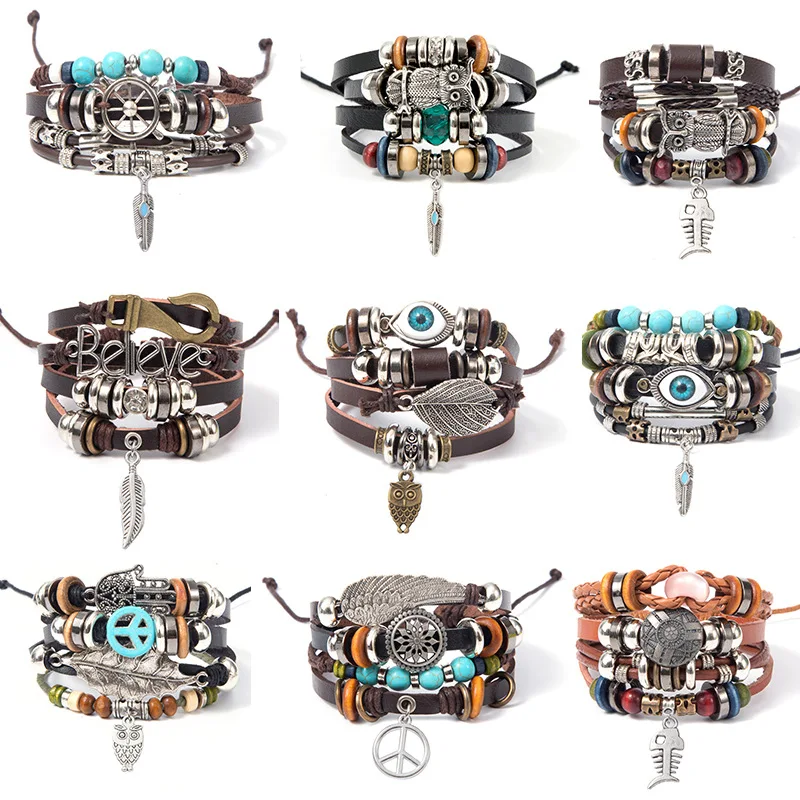 Multilayer Leather Bracelet , Handmade Beaded Bracelet ,Blue Eye Bracelet  Vintage Hollow Carved Bracelet (Multicolor)