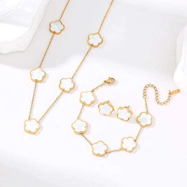GANEMLY 316L Stainless Steel White Five Leaf Flower Necklace For Women Fashion Waterproof Clover Neck Chain Jewelry Collar Gift 6