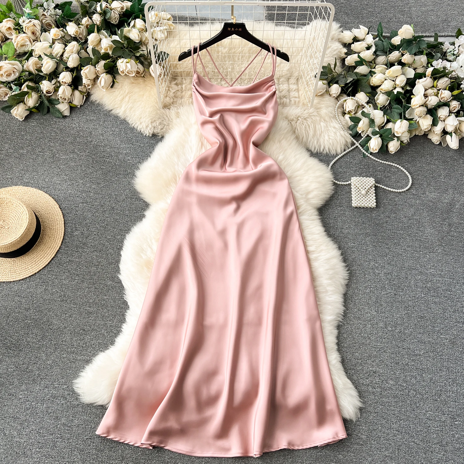 

Elegant Sexy off shoulder Swinging collar satin cut out Sleeveless Slip Dress Vintage Slim summer backless sweet A-line dresses