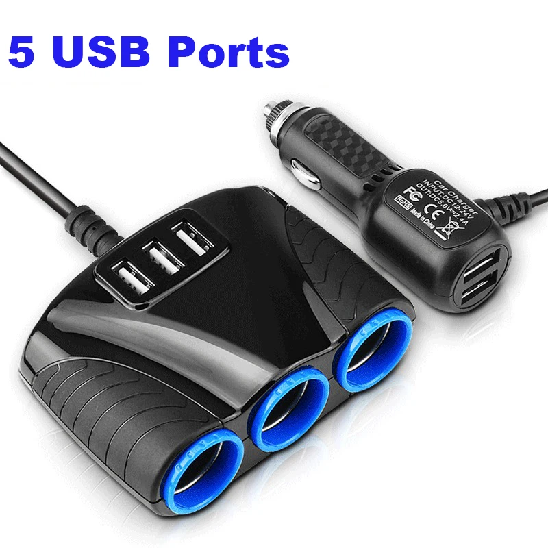5 USB Port 3 Way 3.1A Car Cigarette Lighter Socket Splitter Hub Power ...
