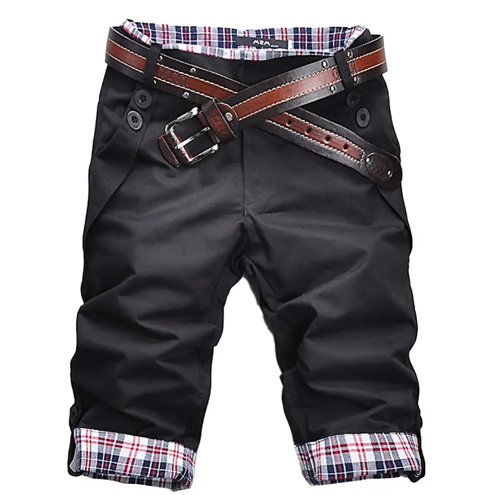 

Men Casual Summer Plaid Patchwork Pockets Buttons Fifth Pants Loose Beach Shorts Male Sweatpants Running Shorts without Belt