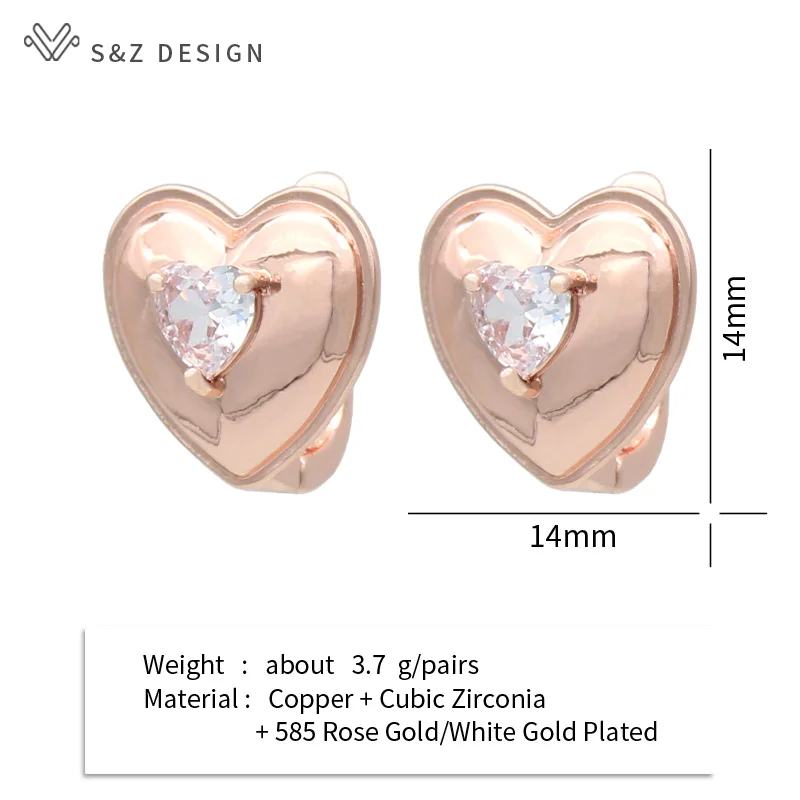 S&Z DESIGN New Fashion Heart-shaped Cubic Zirconia Drop Earrings For Women Wedding Elegant Jewelry Rose Gold Color Eardrop