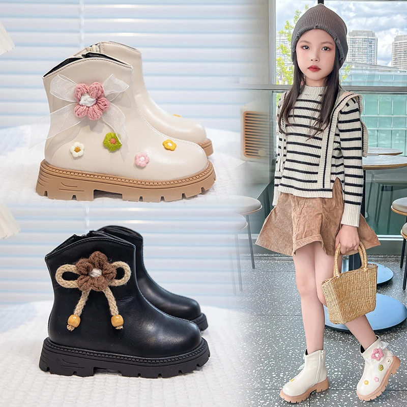 Girls Thermal Ankle Boots with Cute Flower for Autumn Winter