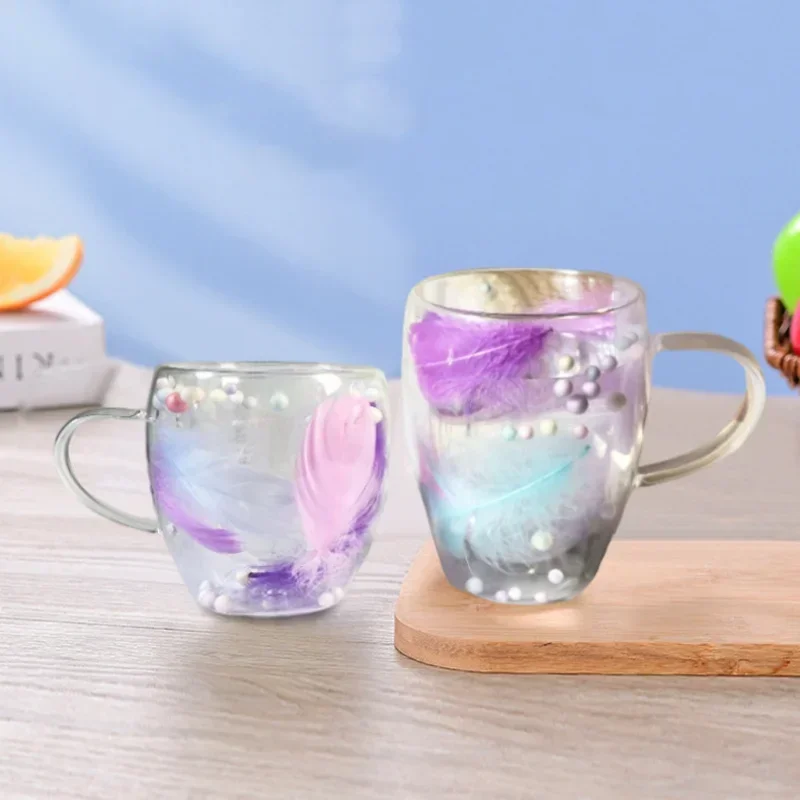 250/350ML Double wall Glass Cup Feather Design Coffee Cup with Handle High Temperature Resistant Anti-scald Milk Tea Juice
