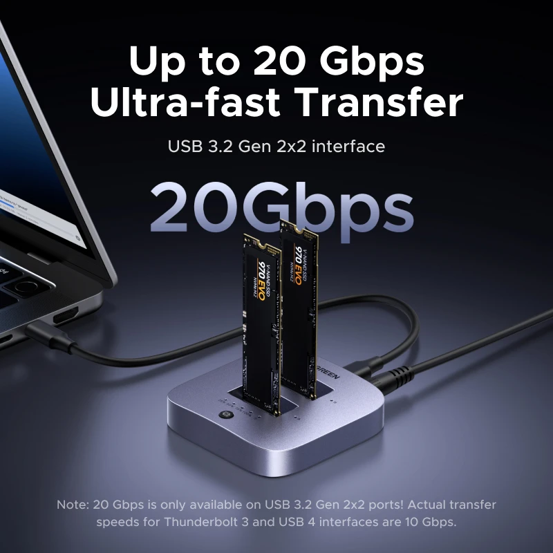 신제품 UGREEN USB 3.2 20Gbps M.2 SSD 도킹 스테이션 듀얼 베이 M.2 NVMe SSD 디스크 케이스 HDD 박스 도크 4TB 저장 지원
