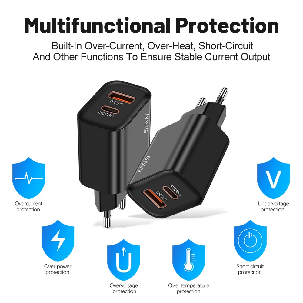 55W USB PD Charger Fast Charge Type C Wall Charger Quick Charge 3.0 Phone Adapter For iPhone 15 14 13 Pro Xiaomi Samsung