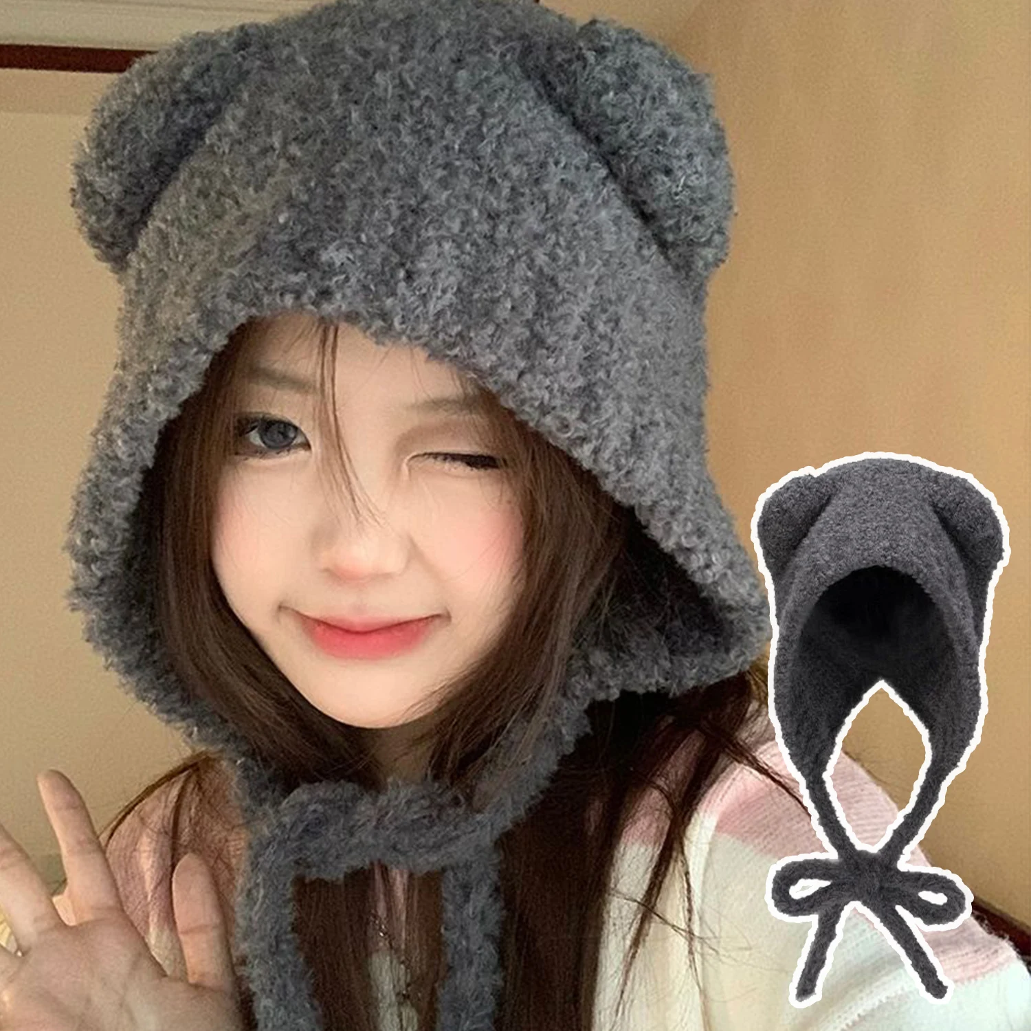 

Cute Girl Knit Earflap Hat Bear Hood Beanies Women Warm Headgear Earmuffs Cap Winter Woolen Crochet Hats with Ears Y2k