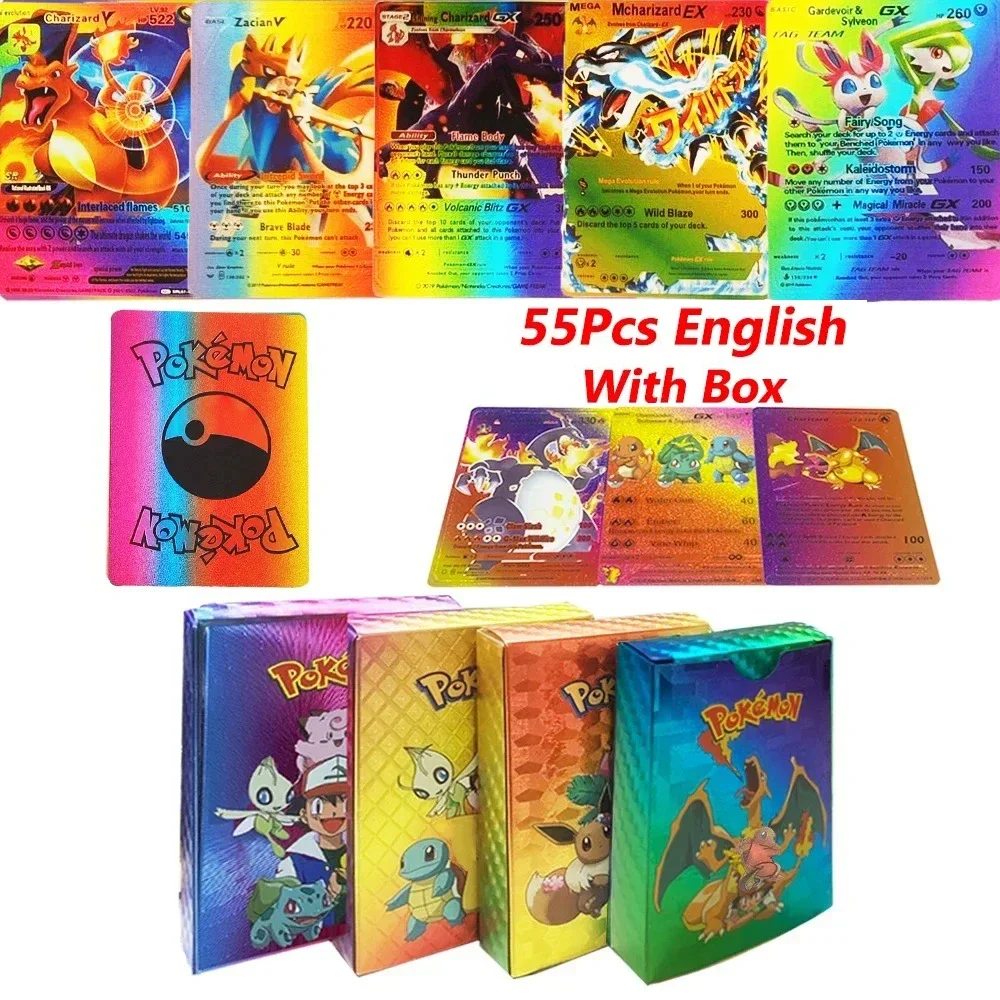 thumbnail image 1 of 55PCS Colorful Gold Foil Card Charizard Pikachu Arceus Diamond Rainbow English French German Spanish VSTAR GX VMAX Cards, 1 of 5
