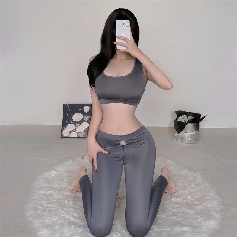 Women Sexy Cosplay Lingerie Black and Gray Smooth Zipper Open Crotch Yoga Pants Underwear Stockings