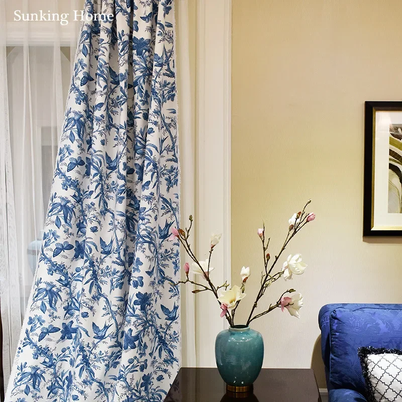 Chinese Style Flowers Birds Butterflie Blue and White Printing Curtains for Living Room Bedroom French Window Balcony Customized 2