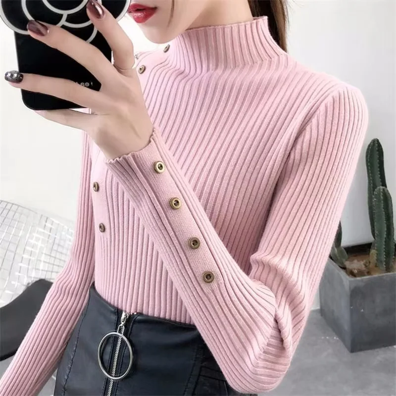 Ribbed Knit Turtleneck with Button Sleeve Details - Side View