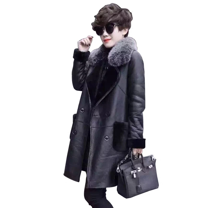 Winter Coats Women Thick Faux Leather Coat Female Faux Fur Collar PU Leather Jacket Aviator Jacket leather warm Overcoat A1033