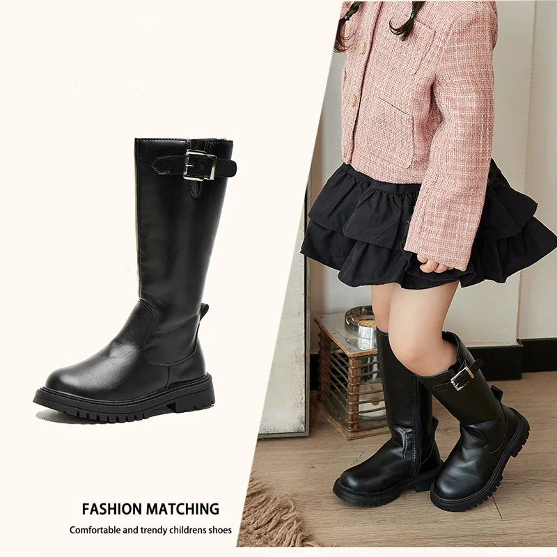 Kids'Boots 솔리드 컬러 버클 PU 가죽 패션 가을 무릎 높이 부츠 소녀용 미끄럼 방지 통기성 블랙 신발 사이즈 27-37