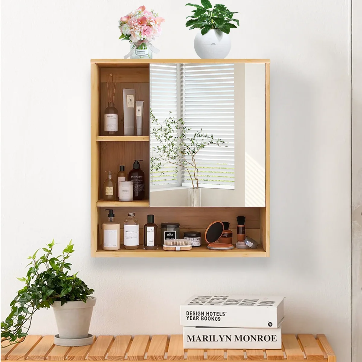Wall Mounted Medicine Cabinet with Mirror, Natural Bamboo Bathroom Storage Cabinet, Adjustable Shelves for Bathroom, Bedroom — view 4