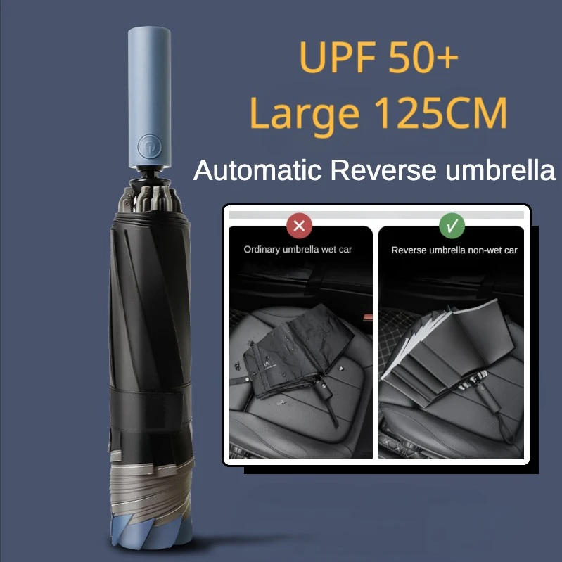 

125CM Super Large Reverse Umbrella for Men,10 Bone 3 Folding,Waterproof Rain and Sunshade Big Umbrellas Safety Reflective Stripe