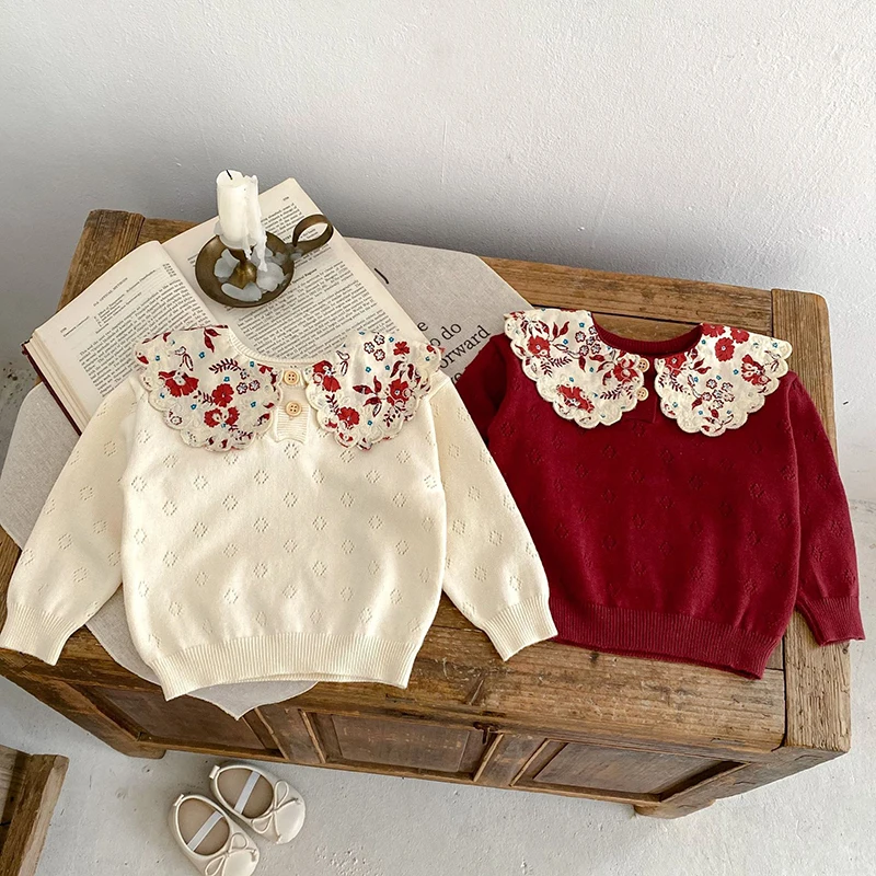 Kids Baby Girls Long Sleeve Lace Collar Solid Color Knit Pullover Sweaters Infant Baby Girls Children's Clothes Sweaters baby girls sweater