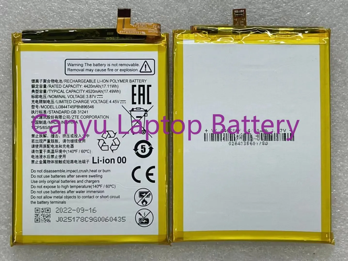 

Для нового аккумулятора Li3844T45P8h896546 4520mah