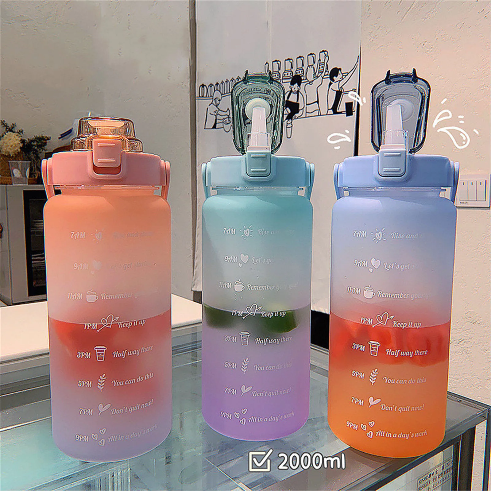 

2l Sports Straw Water Bottle With Stickers Portable Large Capacity Fitness Bike Cup Summer Ice Cold Water Jug With Time Marker