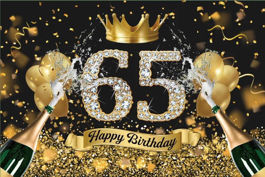 Poster Sfondo Per Festa Di 65° Compleanno Donna 150x90cm - Banner Tessuto Con Scritta Happy 65th E Glitter Rosa Per Decorazioni Tavola E Photo Booth