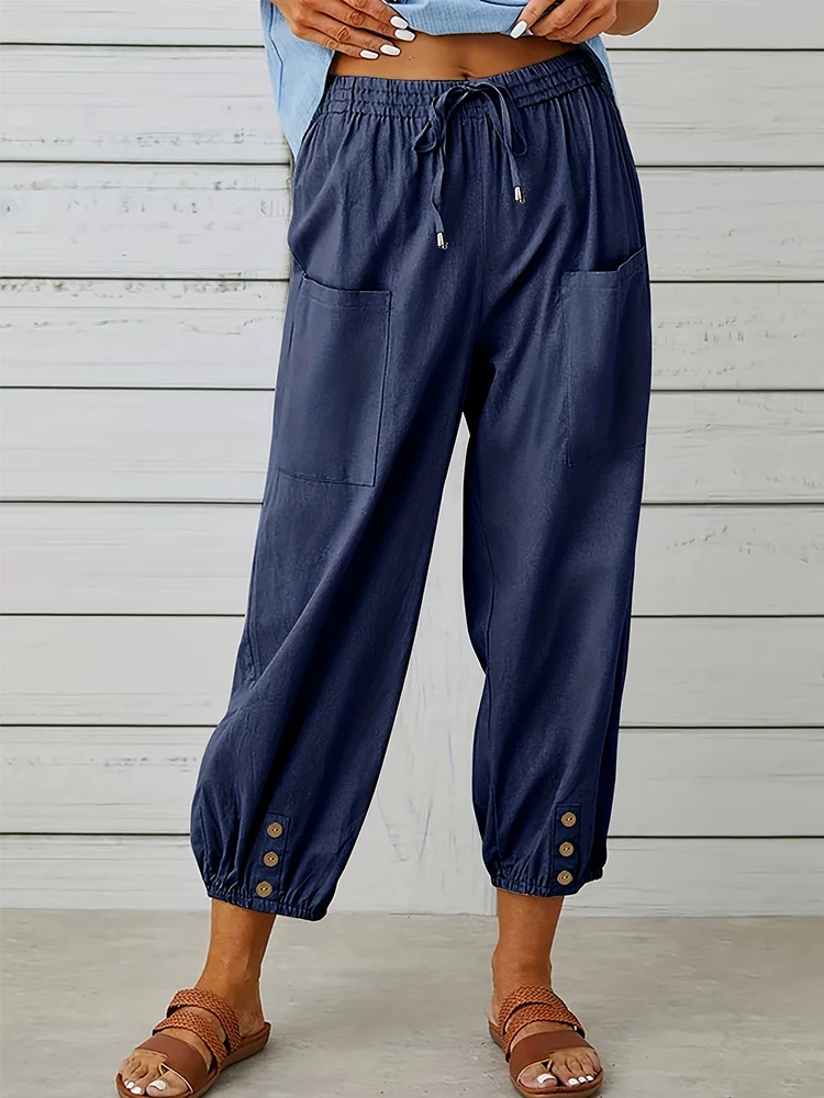 Women's plus Size 5XL Cotton Linen Wide Leg Trousers Button