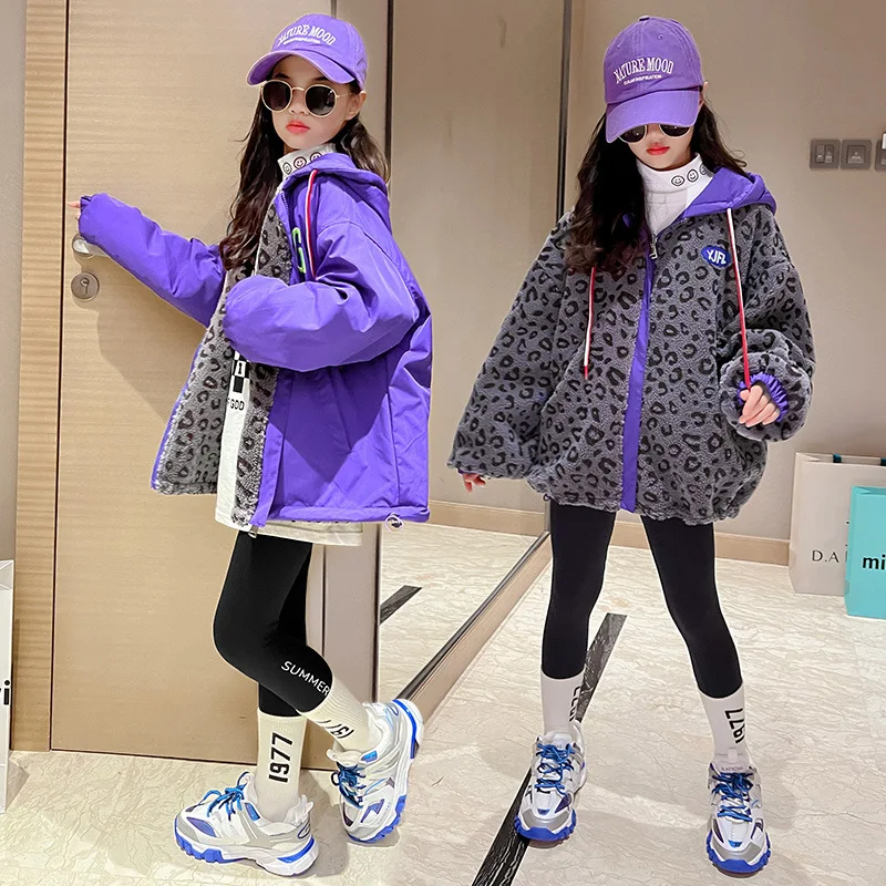 Kid Girls Clothes Autumn Winter Fleece Thick Warm Top Fashion New Leopard Print Hooded Jacket Double-sided Coat for Teens 3-14 Y