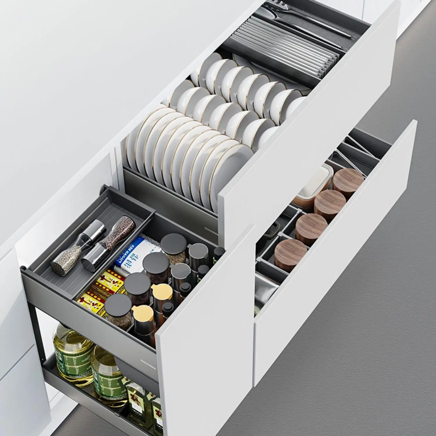 Goldmine Soft Close Drawer Slide Furniture Cabinet Drawer Aluminum Pull Out Plate Rack Pan Storage Set For Kitchen