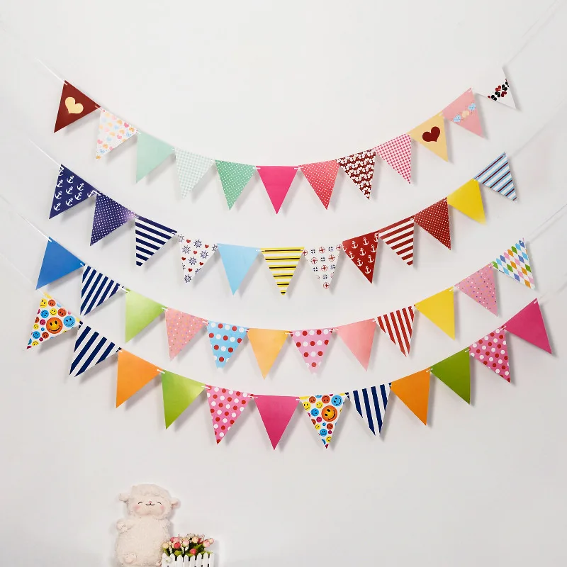 

Festival Party Birthday Banner Striped Dot Triangle Flags Colorful Garlands Hanging Banner Props Kids Happy Birthday Party Favor