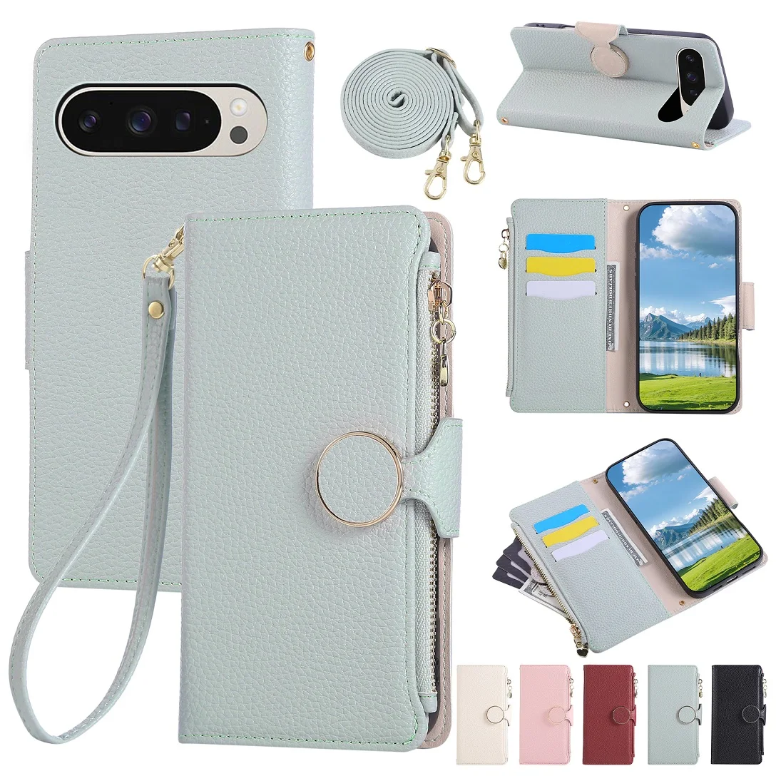 Elegant Leather Card Holder Zipper Wallet Case with Shoulder Lanyard