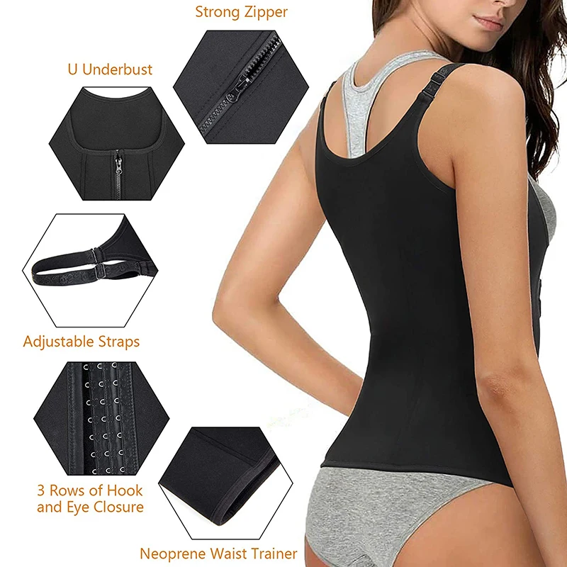 Women Waist Trainer Corset Zipper Vest Body Shaper Cincher Shapewear  Slimming Belt Sports Girdle Neoprene Sauna Tank Top