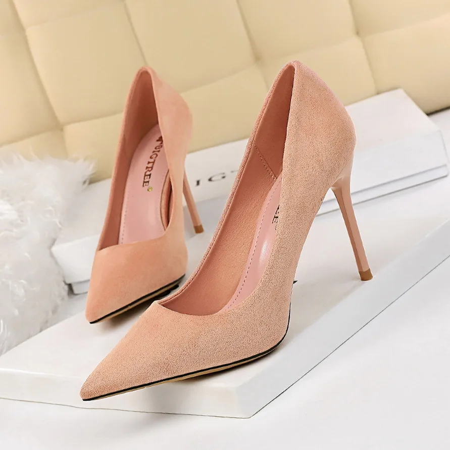 Women 9cm High Heels Pumps Stripper Flock Suede Plus Size Escarpins Lady Wedding Bridal Heels Escarpins Green Blue Yellow Shoes