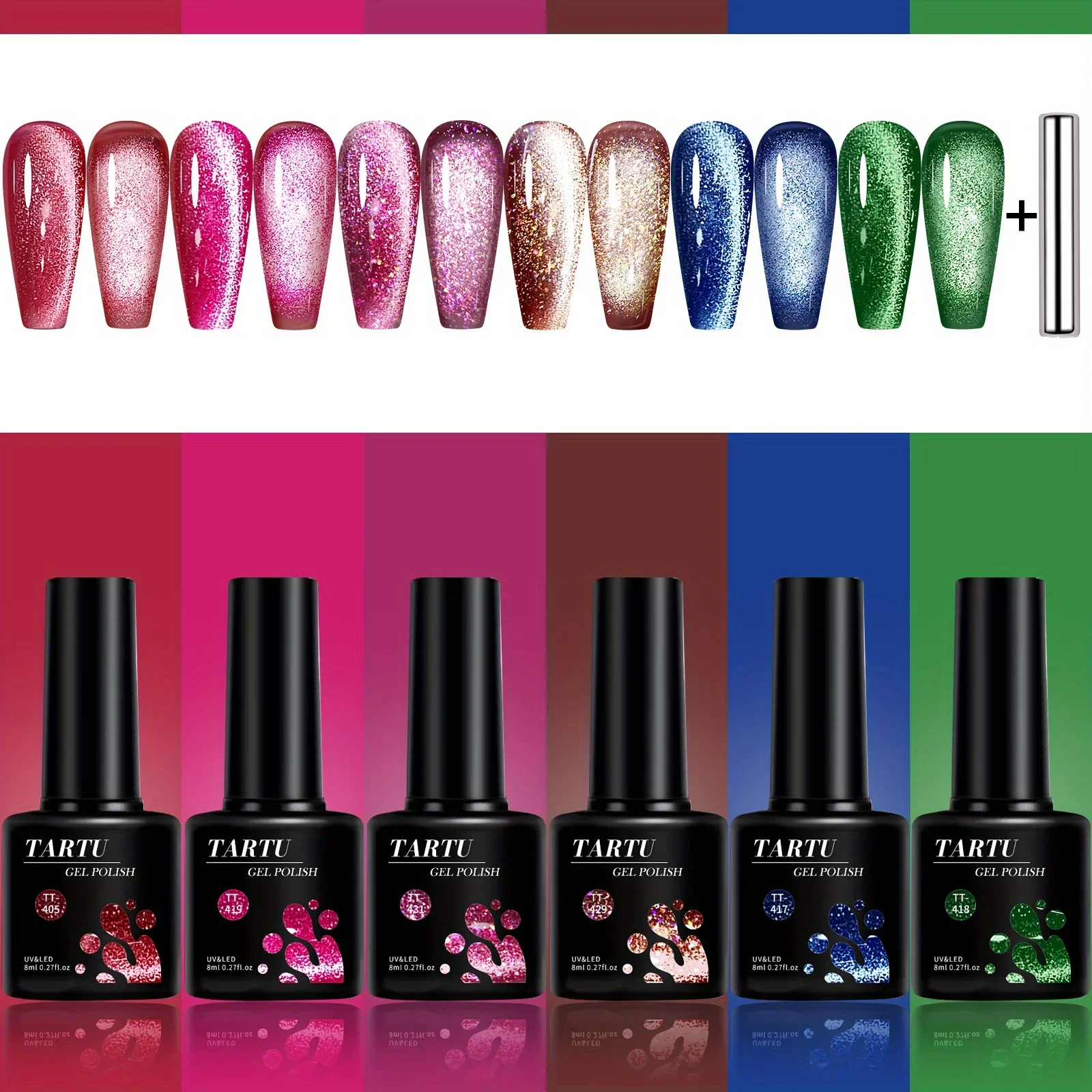 TARTU 6pcs 8ml Cat Eye Gel Nail Polish Set, 6 Colors Gel Polish Kit, Soak Off for Uv/Led, for Salon and Nail Art DIY At Home