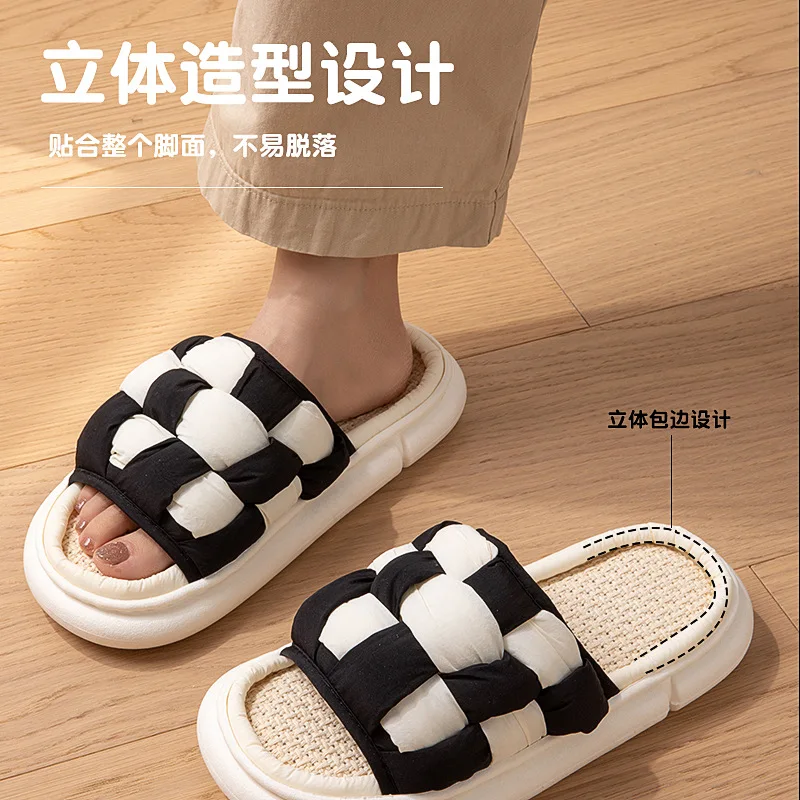 Simple Flax Lattice Spring Summer Women Slippers Home Floor Slippers for Women Couples Feeling Soft Bottom Linen Slippers