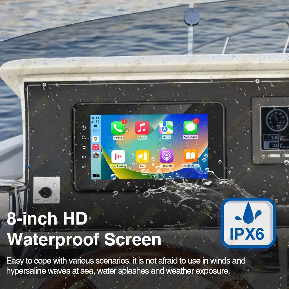 8inch Boat Marine Multimedia Player Wireless CarPlay Android Auto IPX6 Waterproof Bluetooth FM AM AUX For Boat ATV UTV Golf Cart